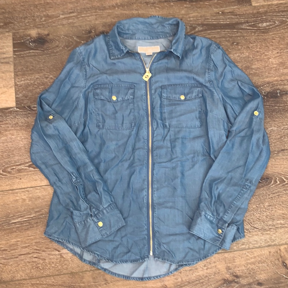MICHAEL KORS gold zip up denim top